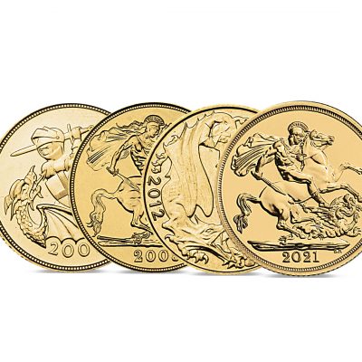THE QUEEN ELIZABETH II ST GEORGE 200TH ANNIVERSARY GOLD SOVEREIGN SET OF 2005, 2008, 2012 AND 2021