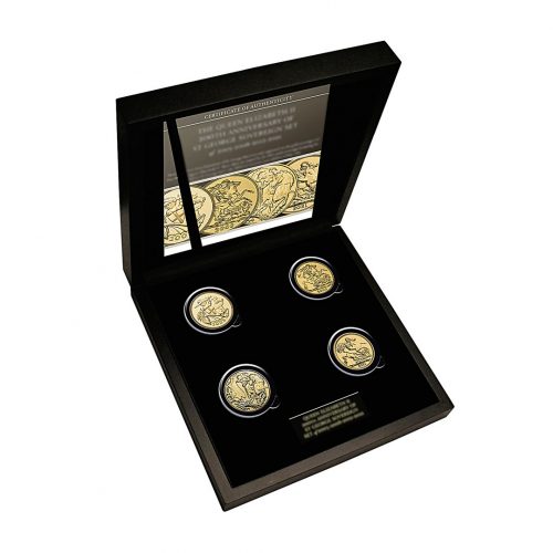 THE QUEEN ELIZABETH II ST GEORGE 200TH ANNIVERSARY GOLD SOVEREIGN SET OF 2005, 2008, 2012 AND 2021 DISPLAY