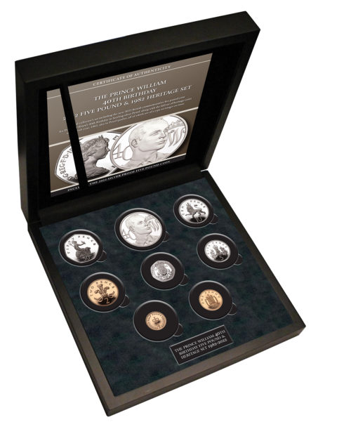 The Prince William 40th Birthday 2022 Five Pound Silver Proof Coin and 1982 Heritage Set