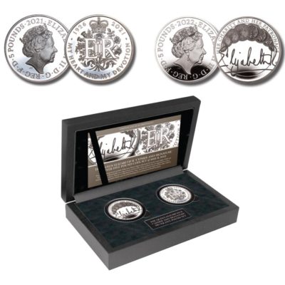 Queen Elizabeth II Cypher and Signature Silver Proof Five Pound Crown Set