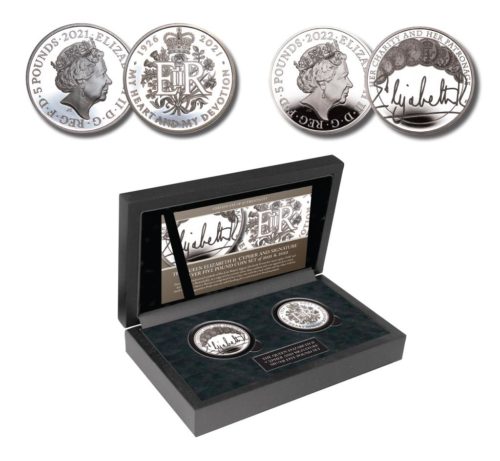 Queen Elizabeth II Cypher and Signature Silver Proof Five Pound Crown Set