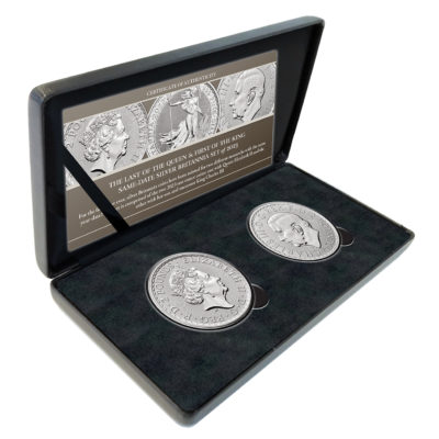 The Last of the Queen and the First of the King Same-Date Silver Britannia Set of 2023