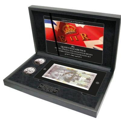 Queen Elizabeth II Silver, Golden and Diamond Jubilees Celebration Coin and Banknote Set of 1977, 2002 and 2012